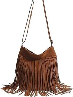 Suede Fringe Shoulder Bag Boho Adjustable Strap Purse Hippie Cowgirl Brown
